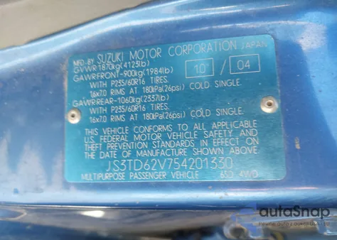 2005 Suzuki Grand Vitara Ex/Lx из США, поврежденный, VIN JS3TD62V754201330